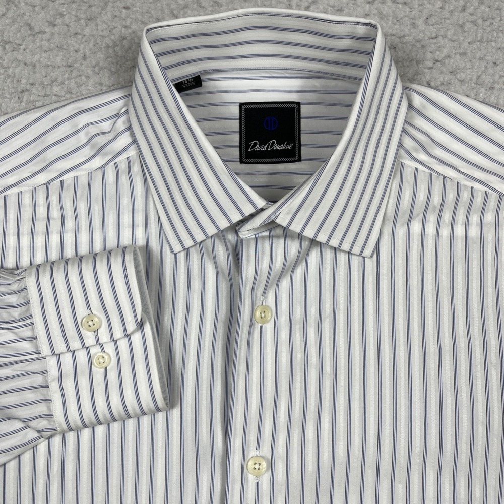 David Donahue Dress Shirt Mens 15.5 32/33 White Blue Striped Professional Preppy